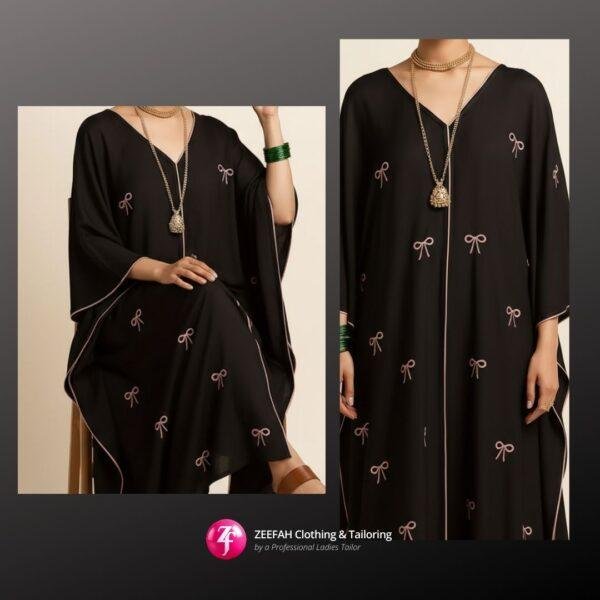 Black Abaya with Pink Bow Embroidery