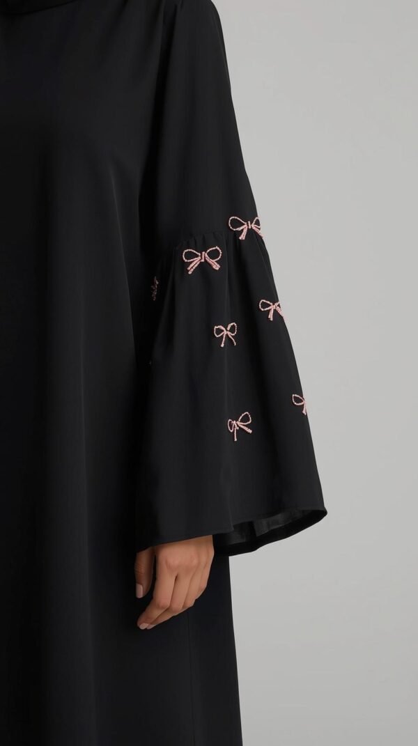 Black Abaya with Pink Bow Embroidery by ZEEFAH Clothing and Tailoring in Islamabad