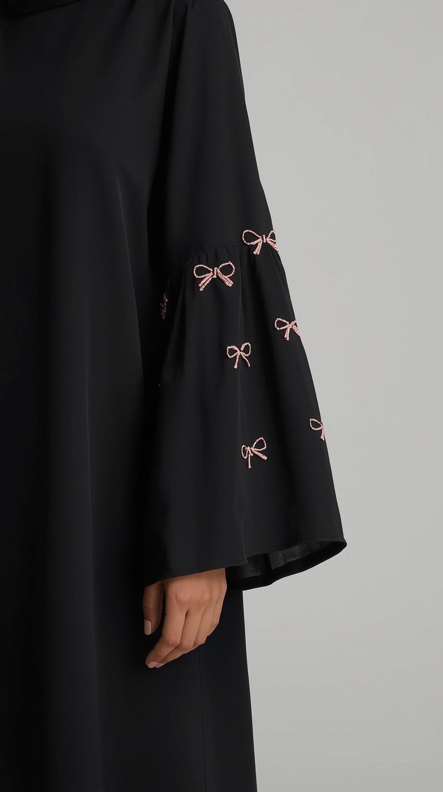 Black Abaya with Pink Bow Embroidery by ZEEFAH Clothing and Tailoring in Islamabad