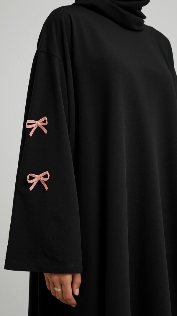Black Abaya with Pink Bow Embroidery by ZEEFAH Clothing and Tailoring in Islamabad