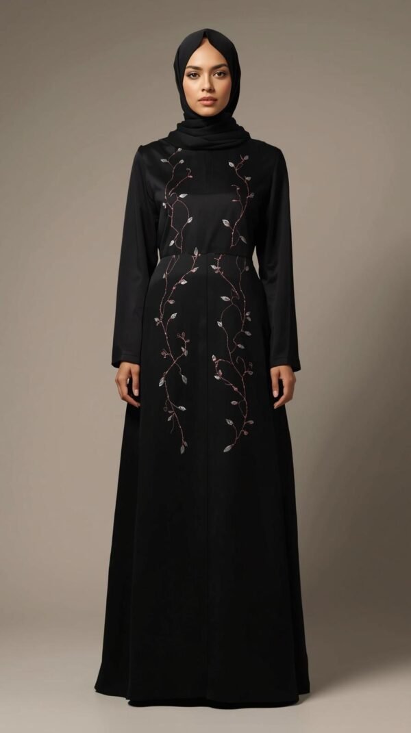Black Abaya with Pink Bow Embroidery by ZEEFAH Clothing and Tailoring in Islamabad