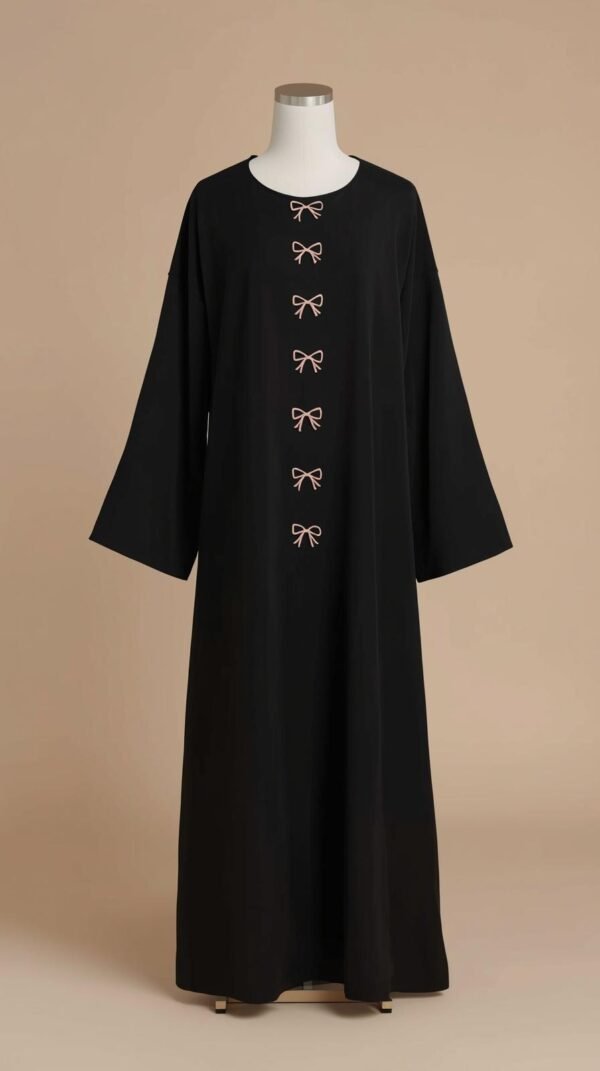 Black Abaya with Pink Bow Embroidery by ZEEFAH Clothing and Tailoring in Islamabad