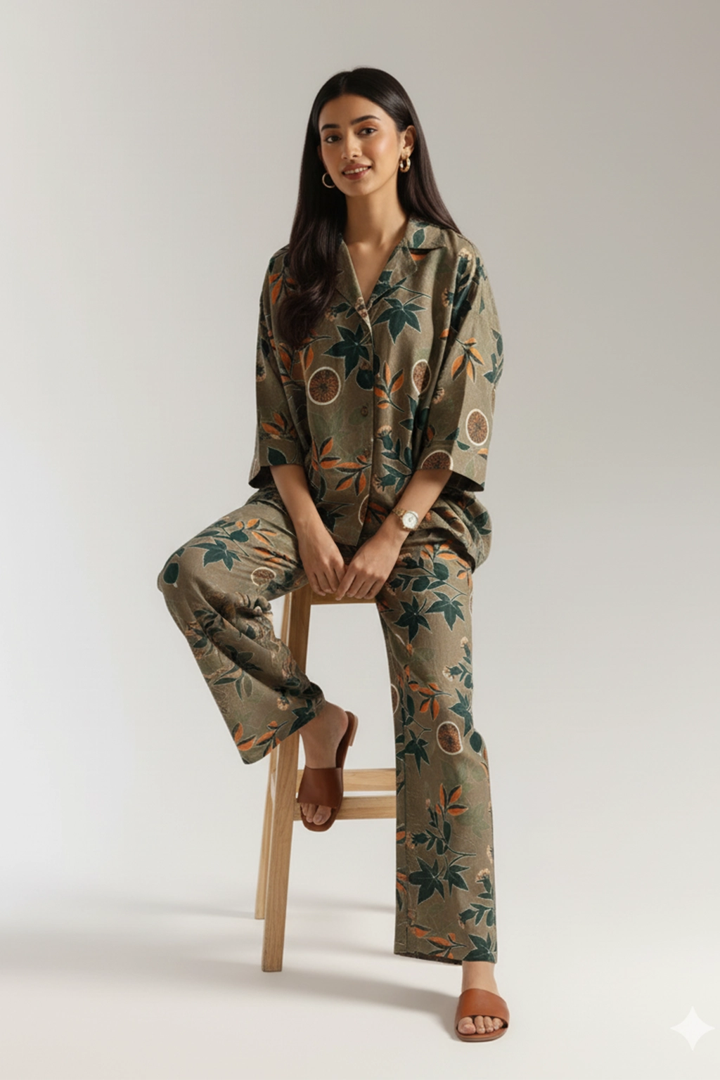 Botanical Beige Khaddar Women’s Co-ord Set by Zeefah.pk — Two-piece winter outfit with leaf and fruit print design