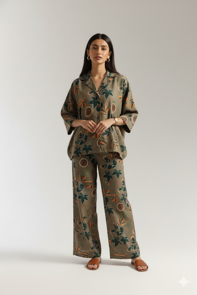 Botanical Beige Khaddar Women’s Co-ord Set by Zeefah.pk — Two-piece winter outfit with leaf and fruit print design