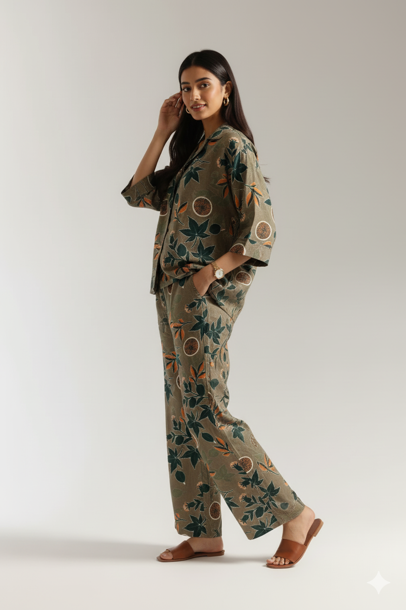 Botanical Beige Khaddar Women’s Co-ord Set by Zeefah.pk — Two-piece winter outfit with leaf and fruit print design