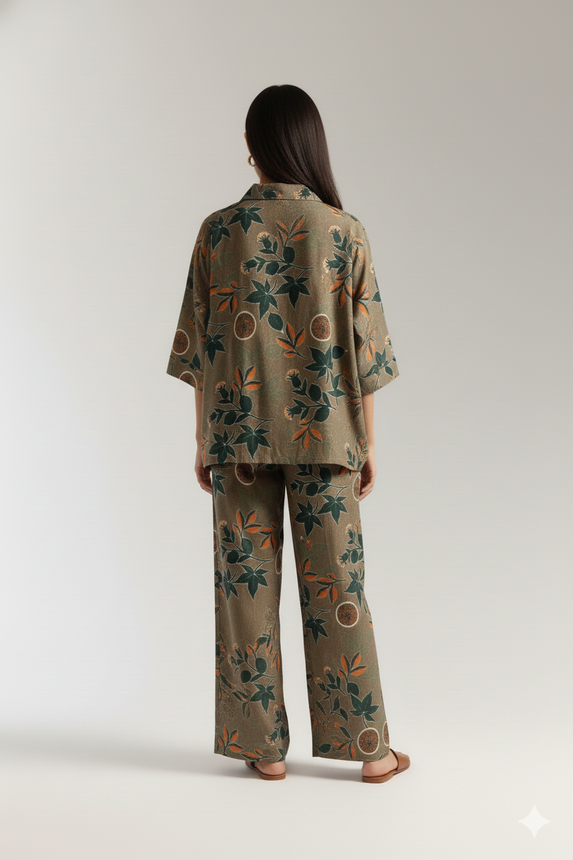 Botanical Beige Khaddar Women’s Co-ord Set by Zeefah.pk — Two-piece winter outfit with leaf and fruit print design