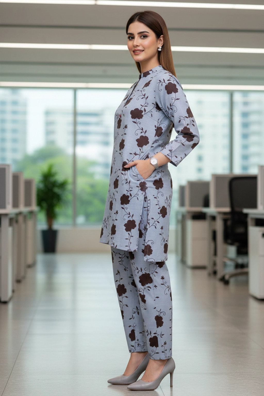 Blue Mist Floral Khaddar Co-ord Set by ZEEFAH Clothing and Tailoring — women’s winter outfit in blue-grey with floral print