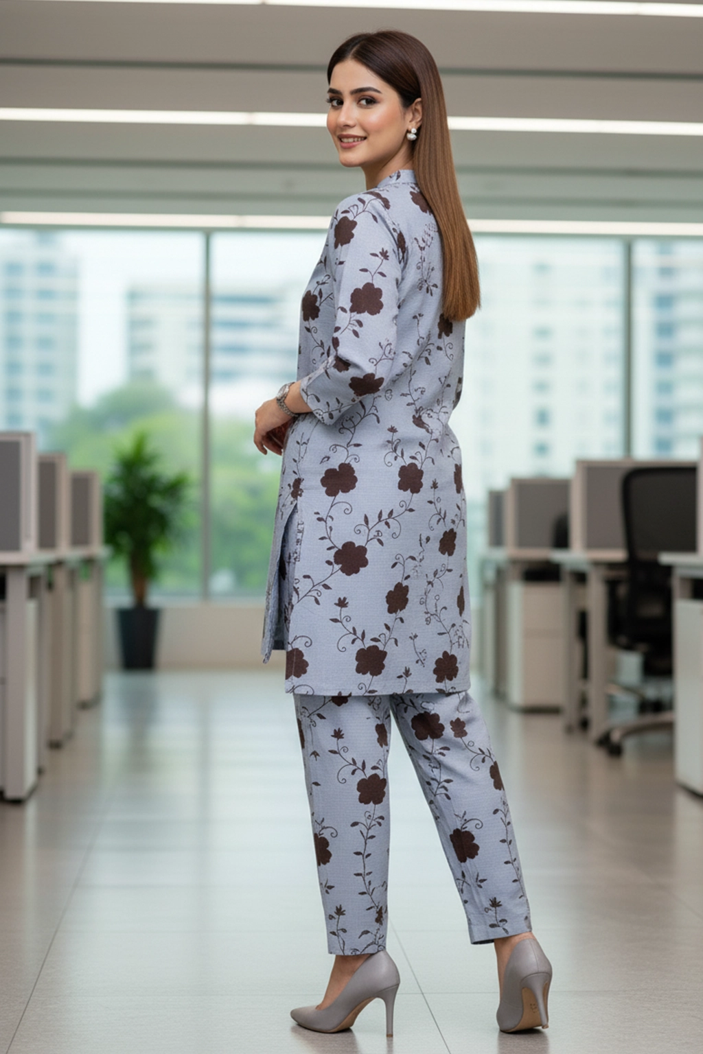 Blue Mist Floral Khaddar Co-ord Set by ZEEFAH Clothing and Tailoring — women’s winter outfit in blue-grey with floral print