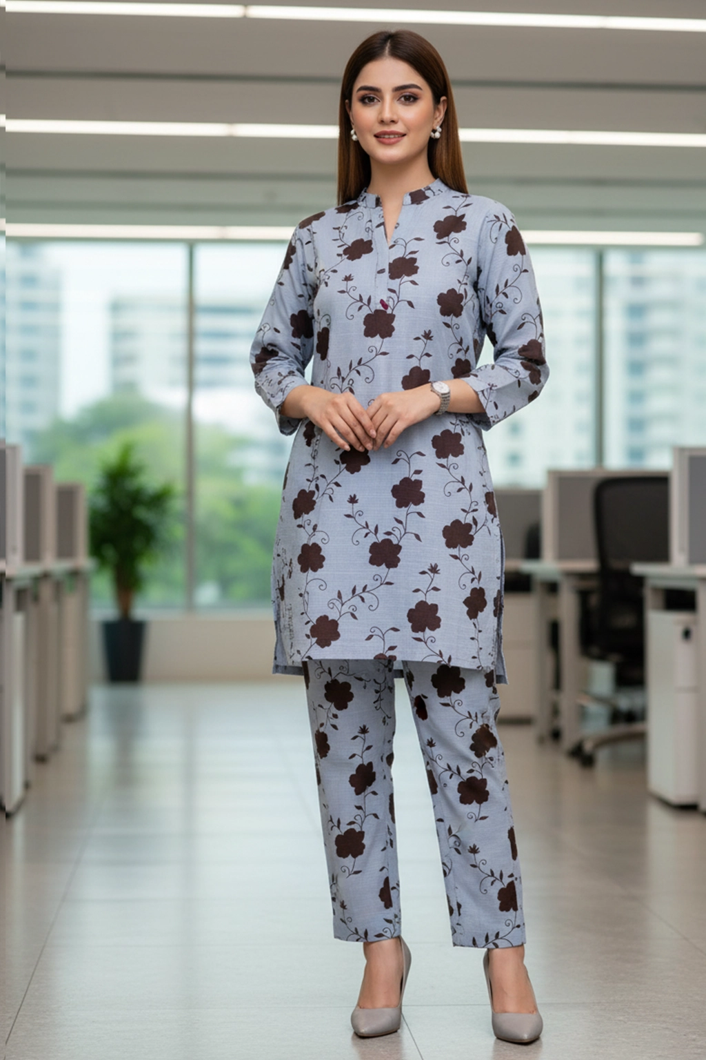 Blue Mist Floral Khaddar Co-ord Set by ZEEFAH Clothing and Tailoring — women’s winter outfit in blue-grey with floral print