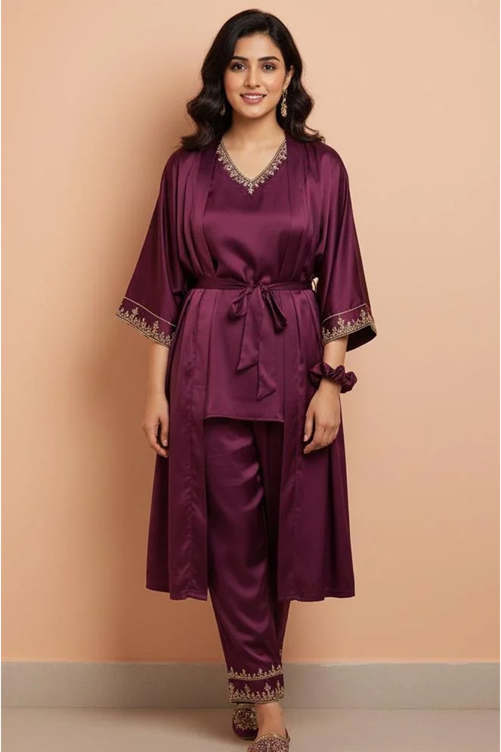 Customizable Luxury Shamoz Silk Night Gown Set by ZEEFAH Clothing and Tailoring Islamabad (1)