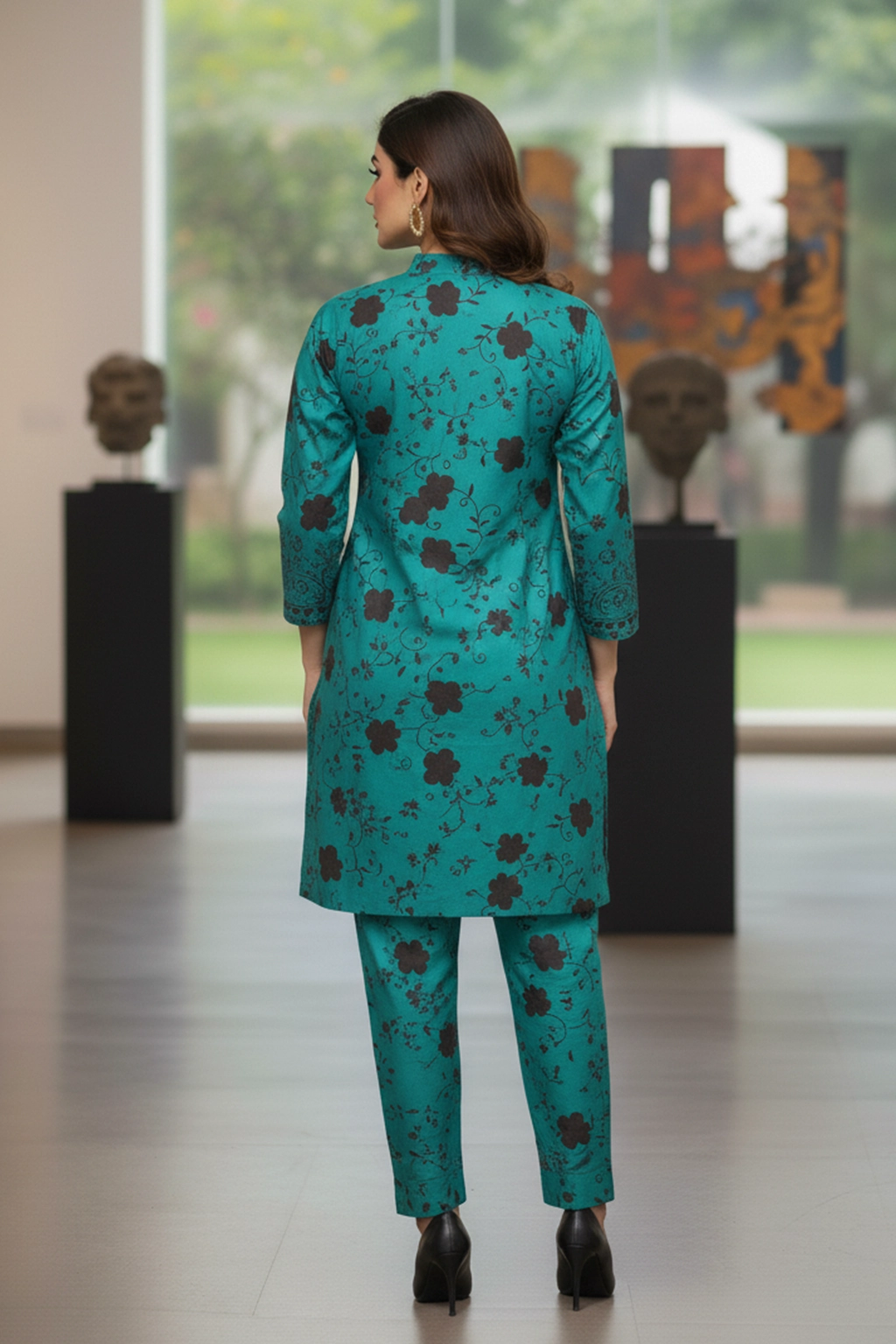 Teal Blossom Khaddar Co-ord Set by Zeefah.pk — two-piece winter outfit in teal with black floral and border detailing