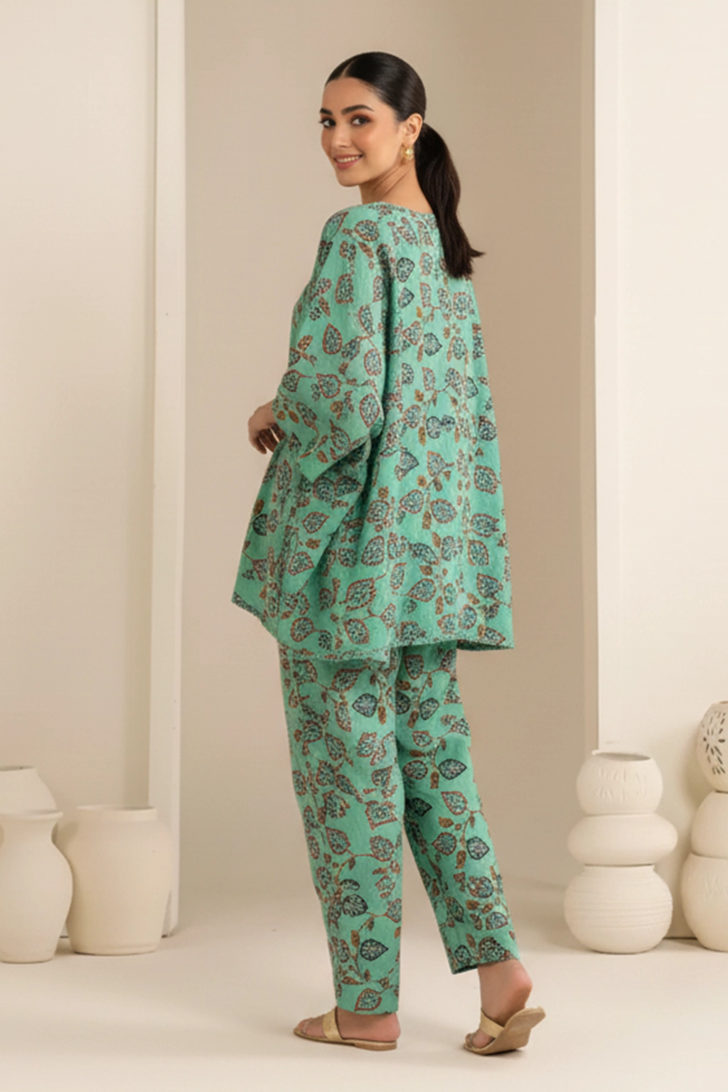 Mint Charm Printed Khaddar Co-ord Set by ZEEFAH Clothing and Tailoring — mint green two-piece women’s outfit with leaf-inspired print