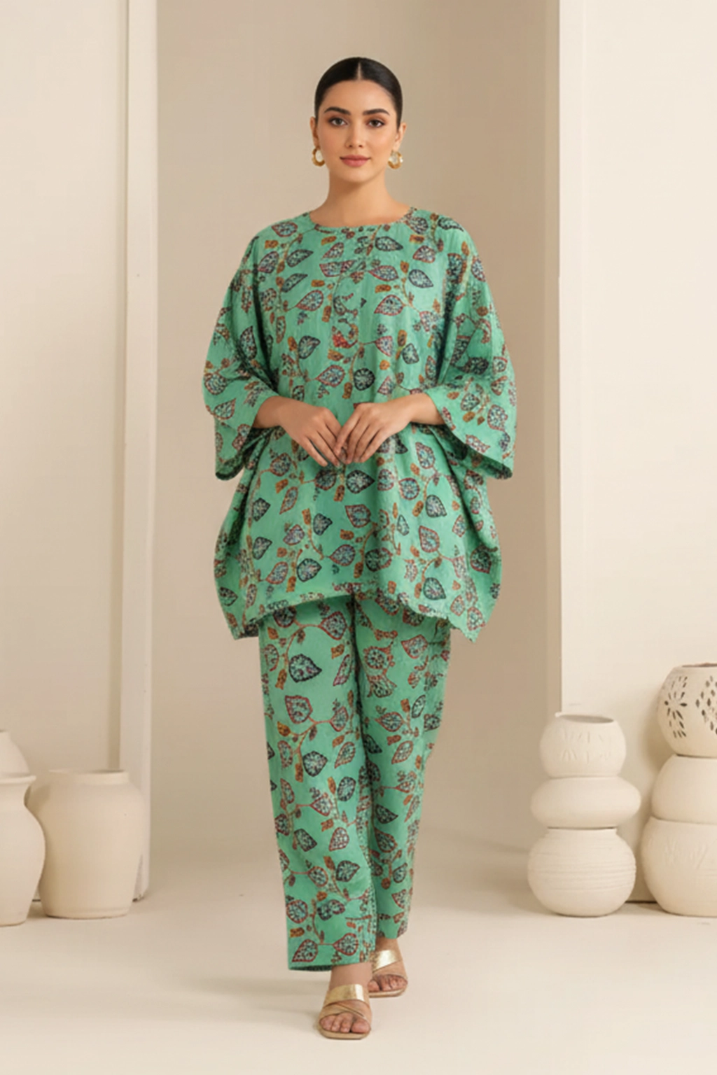 Mint Charm Printed Khaddar Co-ord Set by ZEEFAH Clothing and Tailoring — mint green two-piece women’s outfit with leaf-inspired print