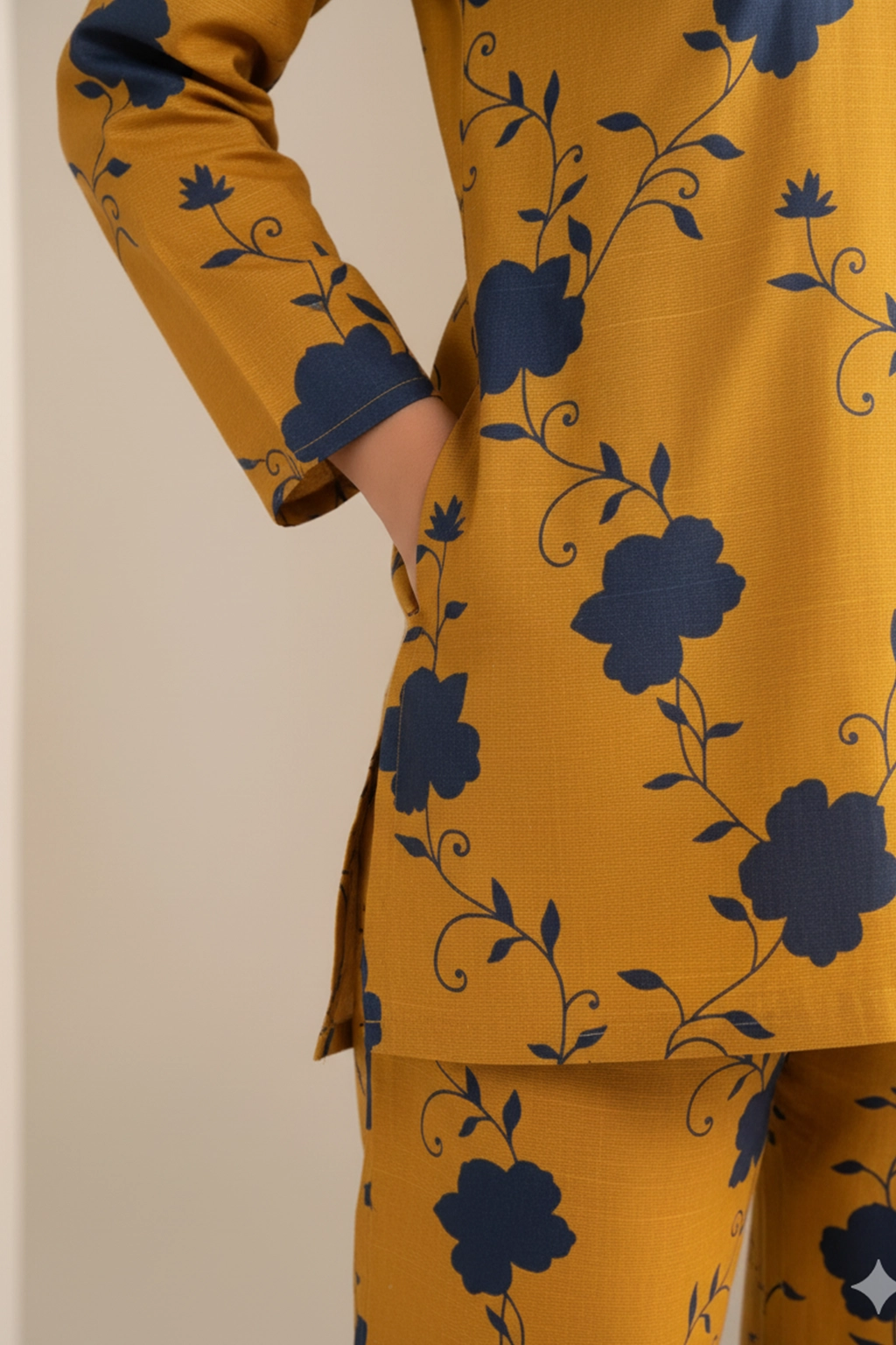 Mustard Bloom Khaddar Co-ord Set by ZEEFAH Clothing and Tailoring — two-piece women’s winter outfit in mustard with navy floral print