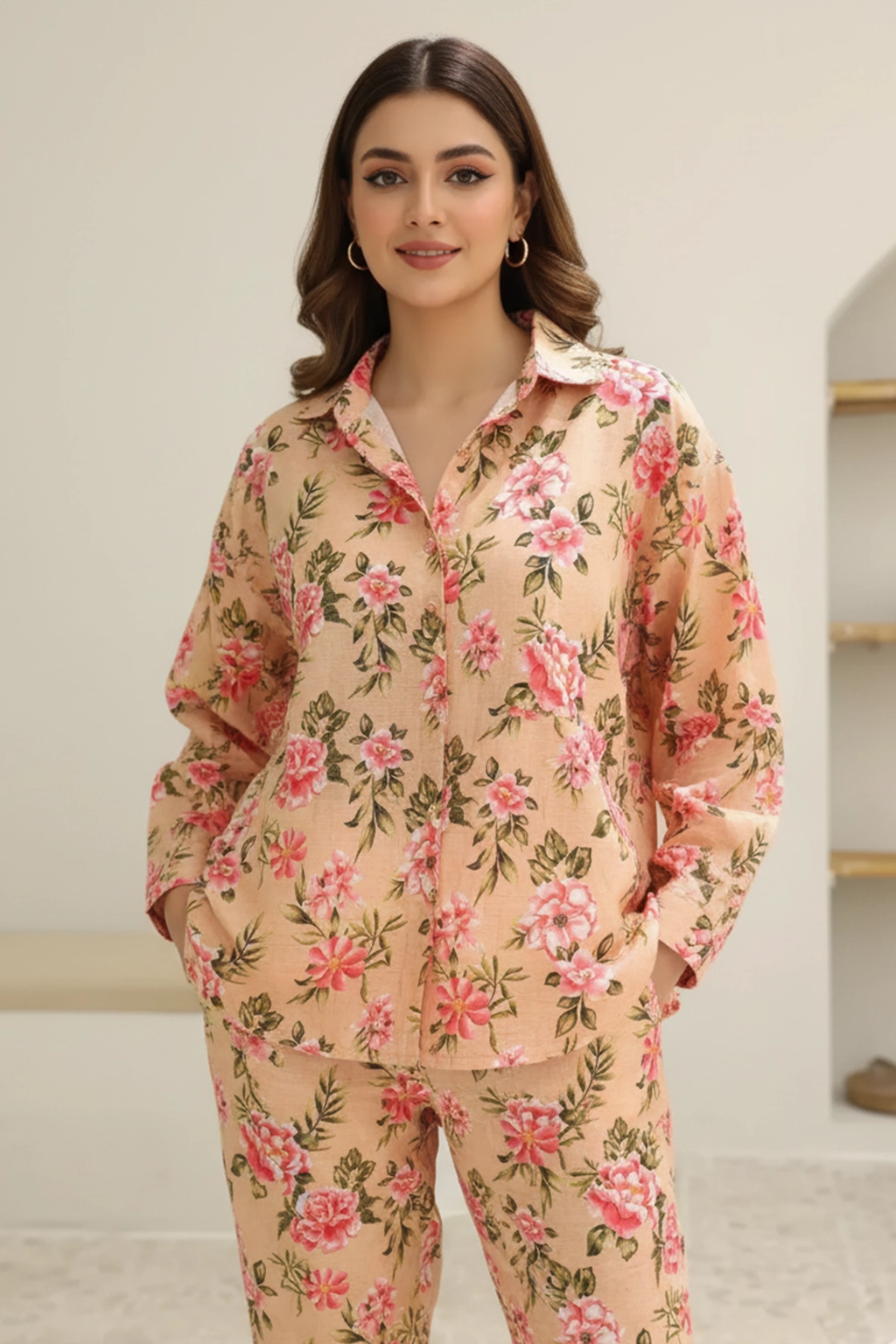 Peach Bloom Khaddar Women’s Co-ord Set by ZEEFAH Clothing and Tailoring — two-piece stitched outfit in peach with floral print