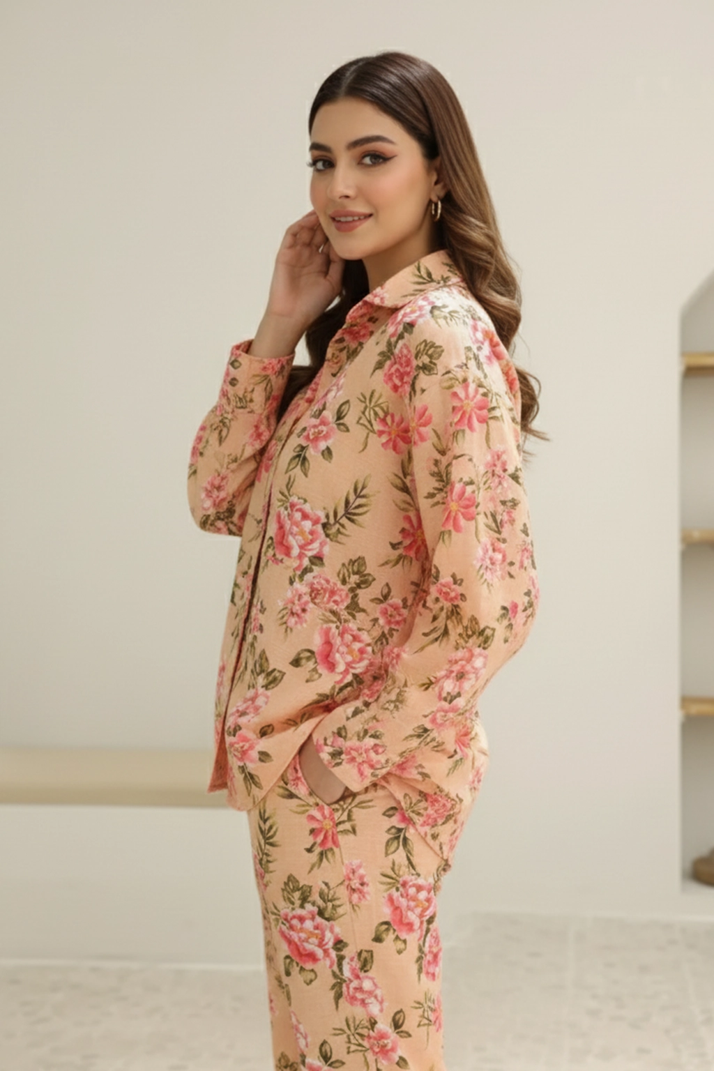 Peach Bloom Khaddar Women’s Co-ord Set by ZEEFAH Clothing and Tailoring — two-piece stitched outfit in peach with floral print