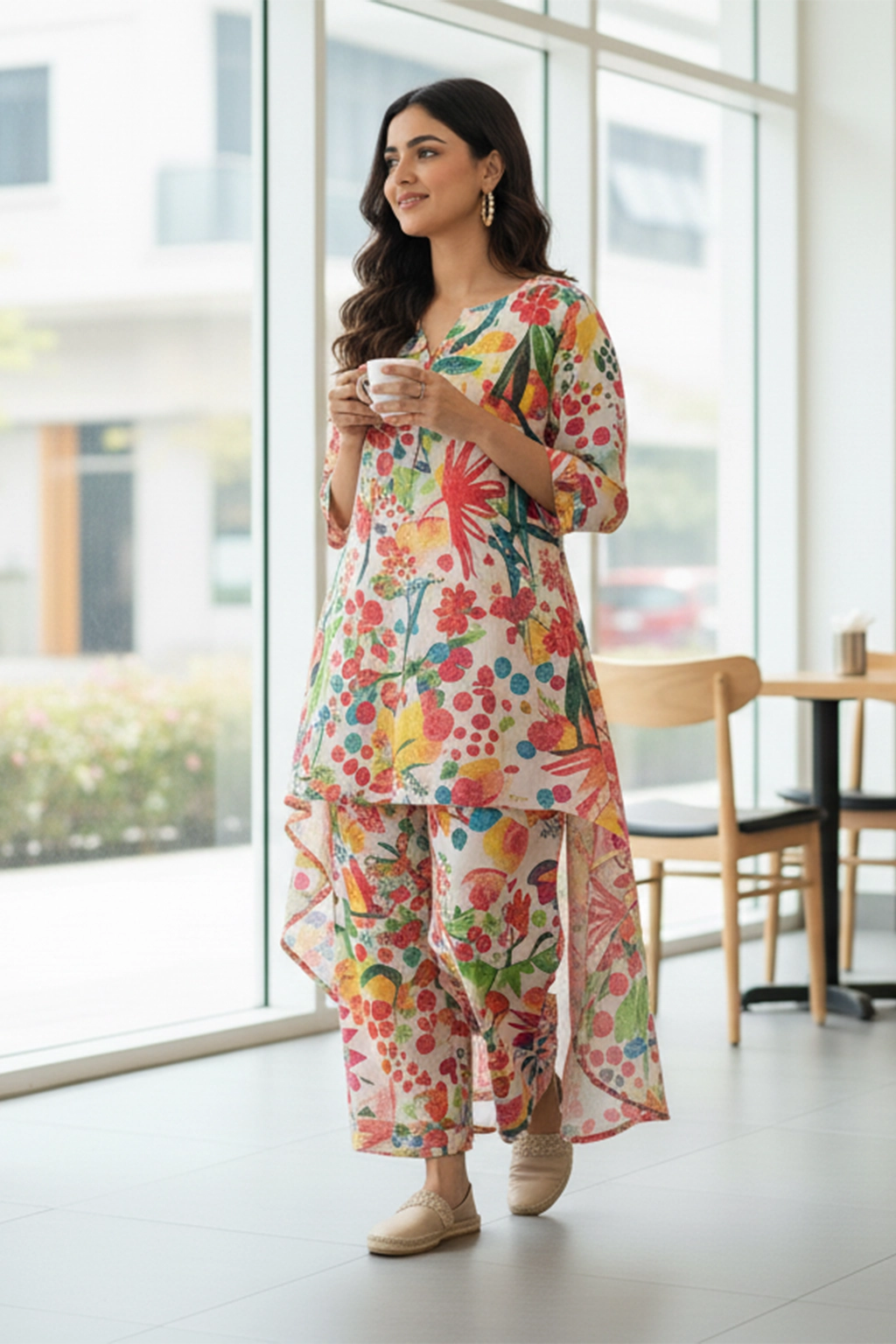 Tropical Breeze Printed Khaddar Co-ord Set by ZEEFAH Clothing and Tailoring — colorful two-piece women’s outfit with floral tropical print