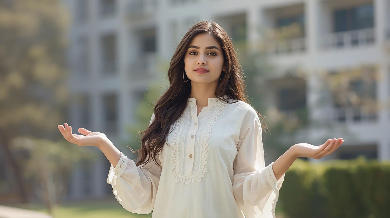 University girl wearing simple stitched summer suit in Islamabad