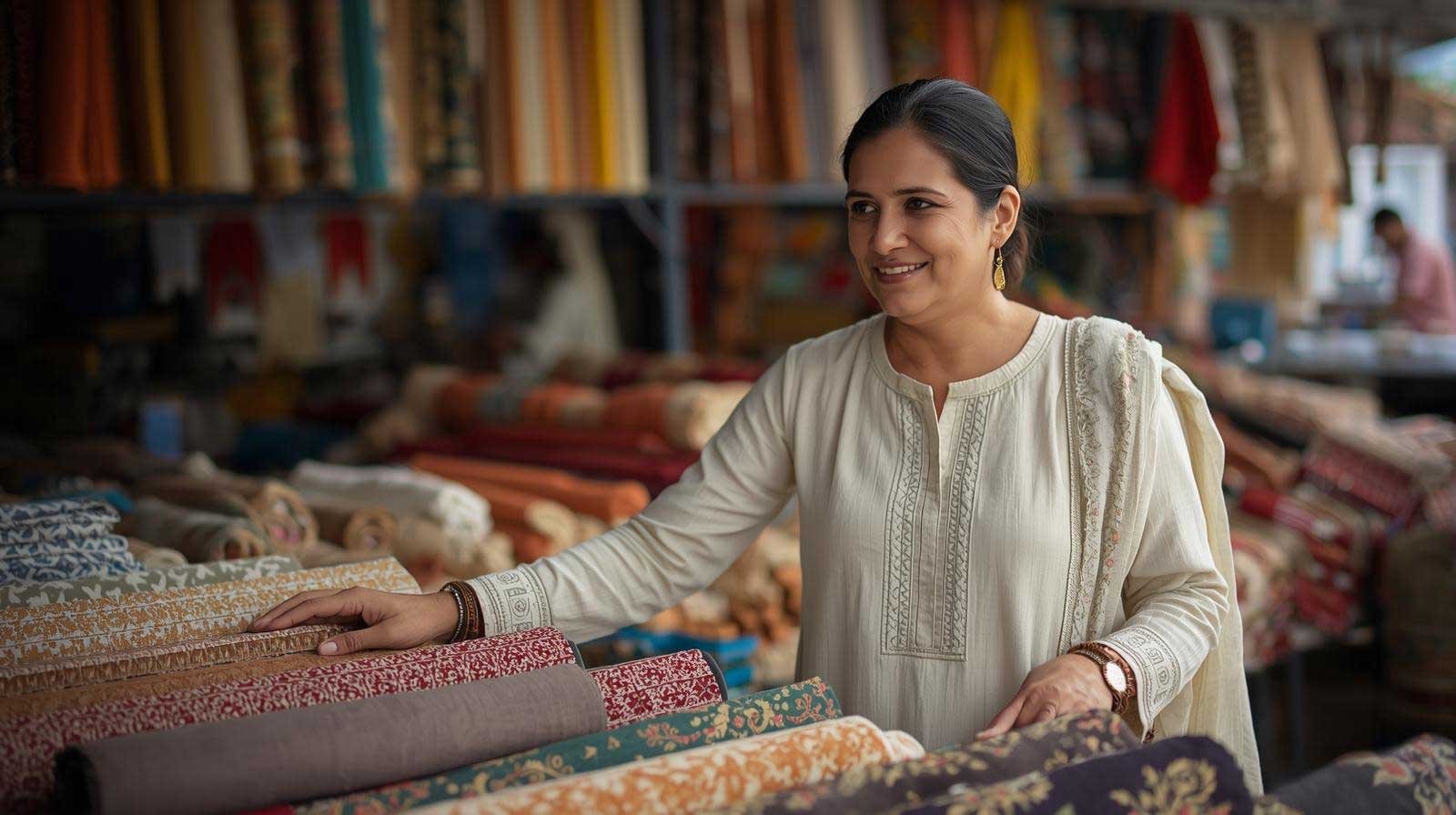 A modest Pakistani woman shopping for affordable Eid dresses under budget in a realistic local market.