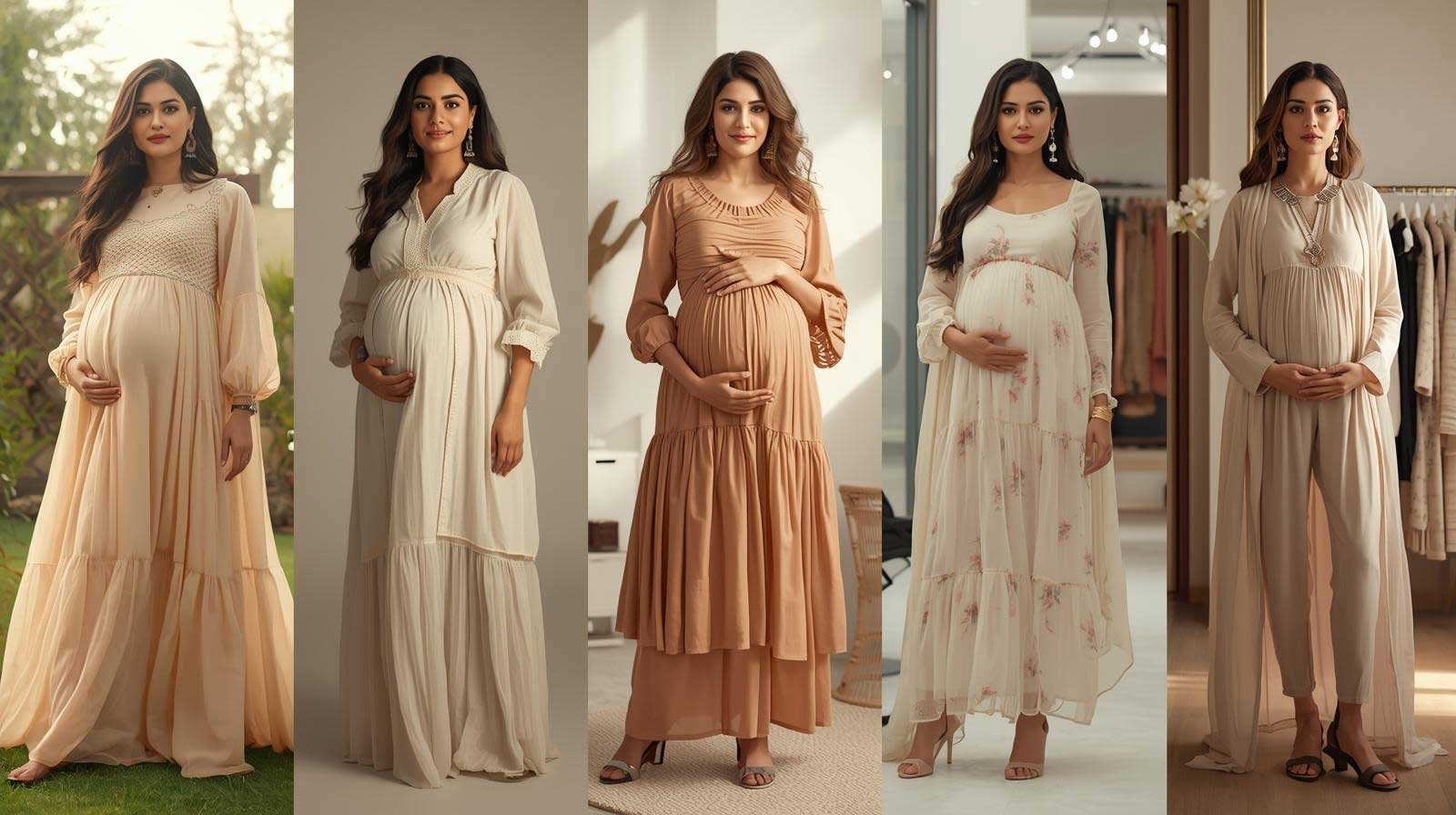 A vertical collage showcasing 6 elegant and functional maternity dresses by ZEEFAH, including Empire cut gowns, tiered Peshwas, front open nursing styles, and adjustable wrap dresses, all custom-stitched by Farah Azim in Islamabad, Pakistan.