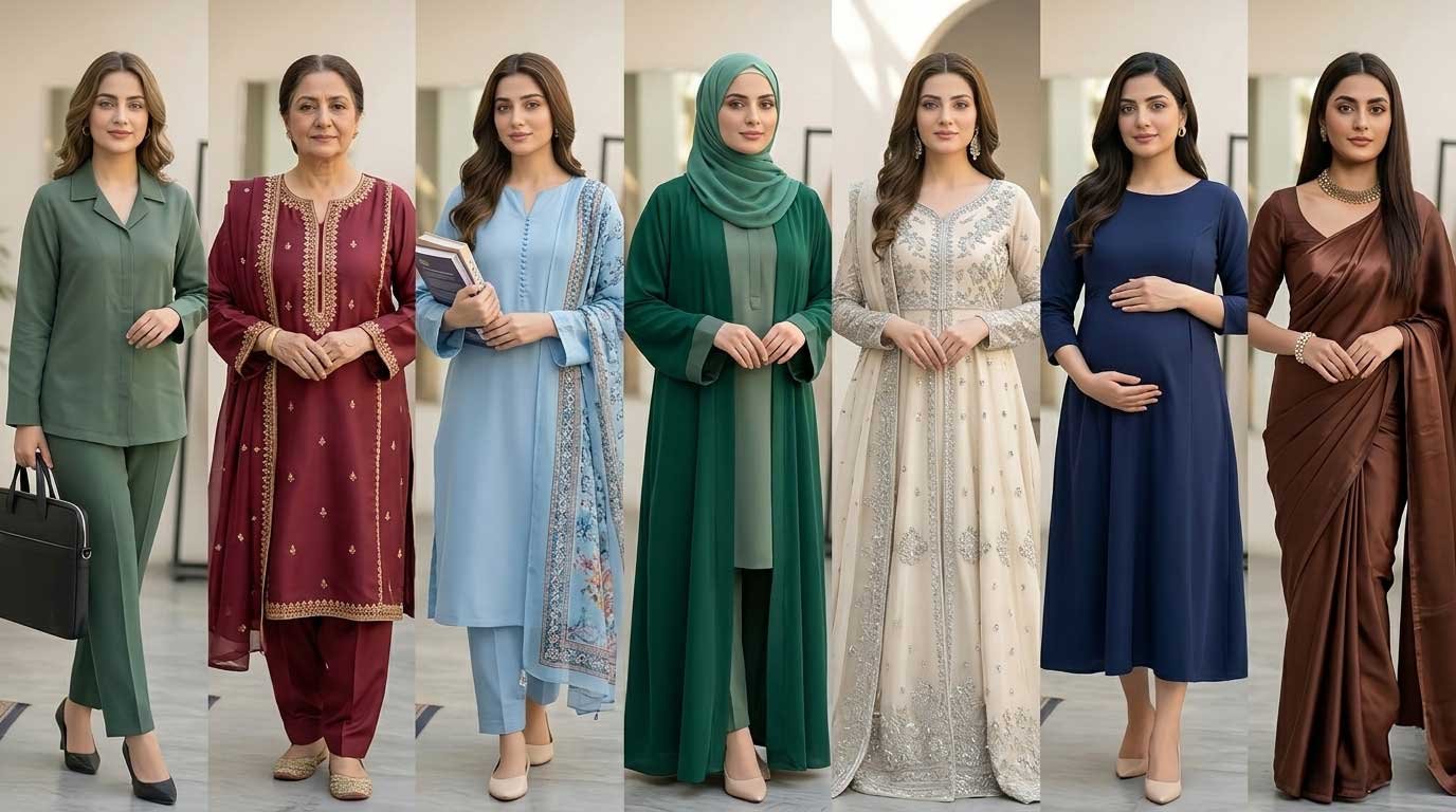 A high-resolution vertical collage of 7 diverse Pakistani women—including a doctor, a university student, a corporate leader, a grandmother, a bride, and an entrepreneur—all wearing elegant, custom-stitched outfits by Farah Azim at ZEEFAH Clothing & Tailoring.