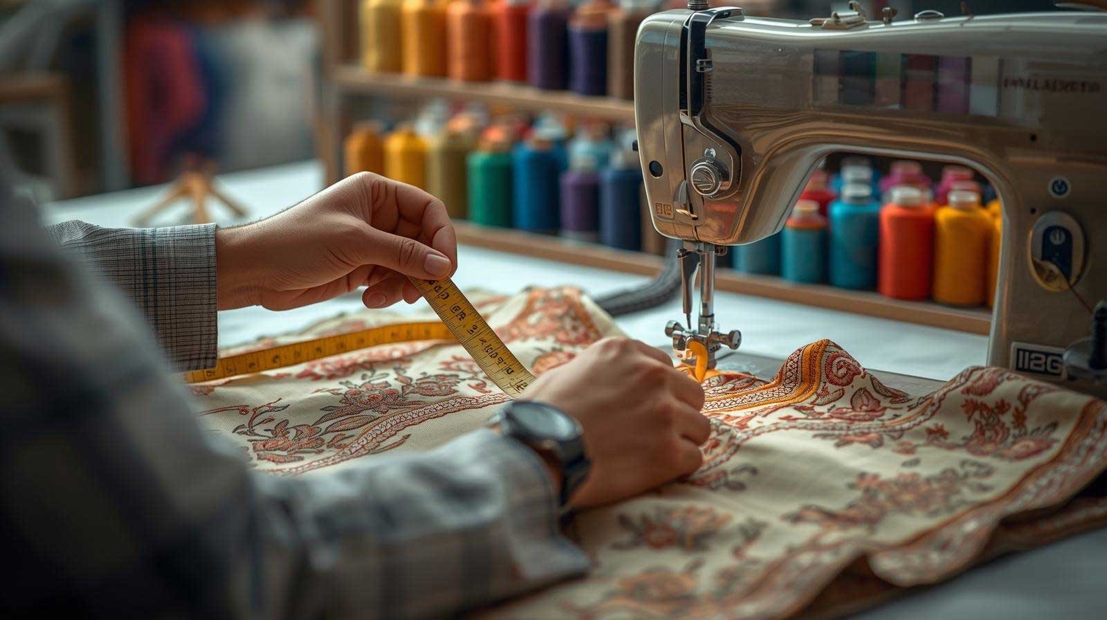 A close-up of high-quality festive fabric being precisely measured in the ZEEFAH tailoring studio for Eid 2026.