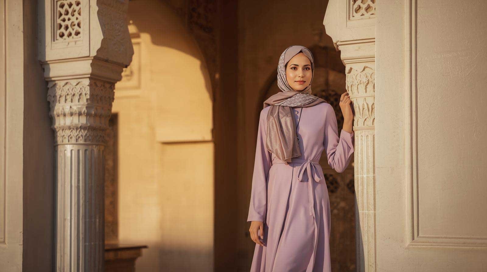 A Pakistani woman in a long lavender modest dress and silk hijab, showcasing graceful Eid styling.
