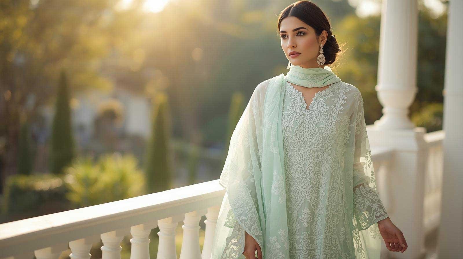 A woman in a mint green embroidered Pakistani suit standing in natural sunlight, showcasing 2026 pastel trends.
