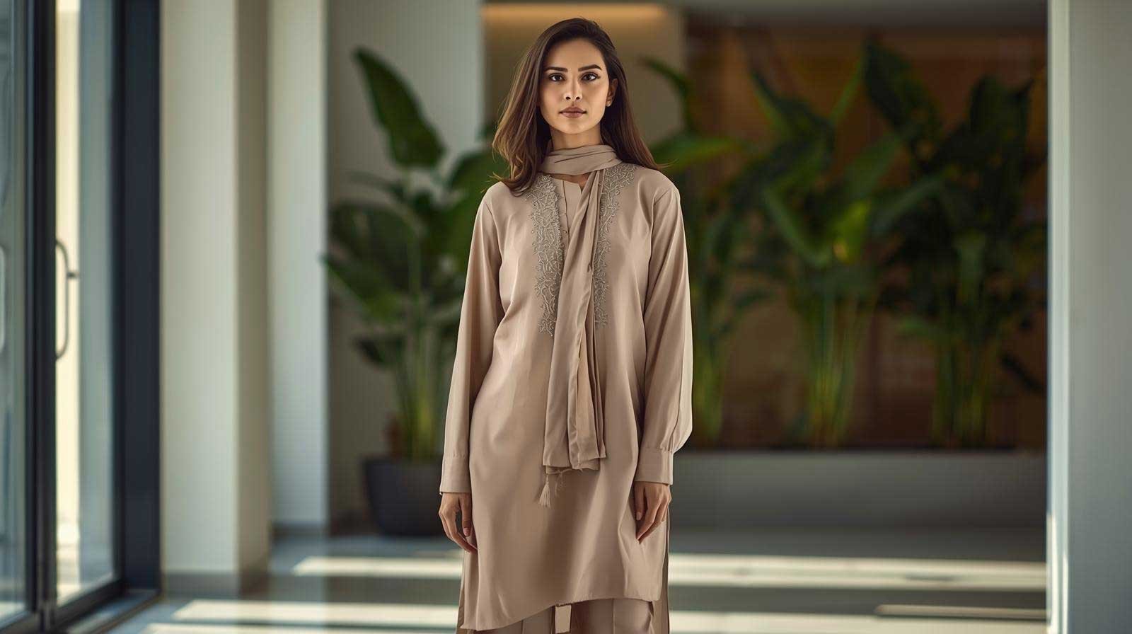 A confident Pakistani professional woman wearing a sophisticated, modestly tailored charcoal grey and silver semi-formal suit by ZEEFAH.