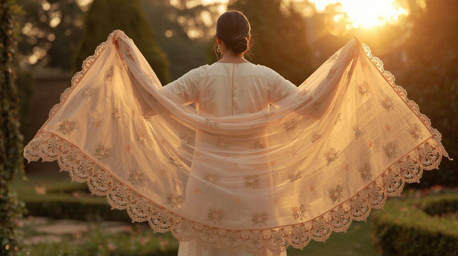 A woman wearing a simple cream suit with a heavy embroidered peach organza dupatta for Eid.