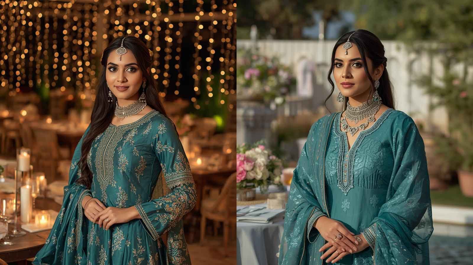 A woman showing how to style the same teal Pakistani suit for both an evening Iftar and a morning Eid brunch.