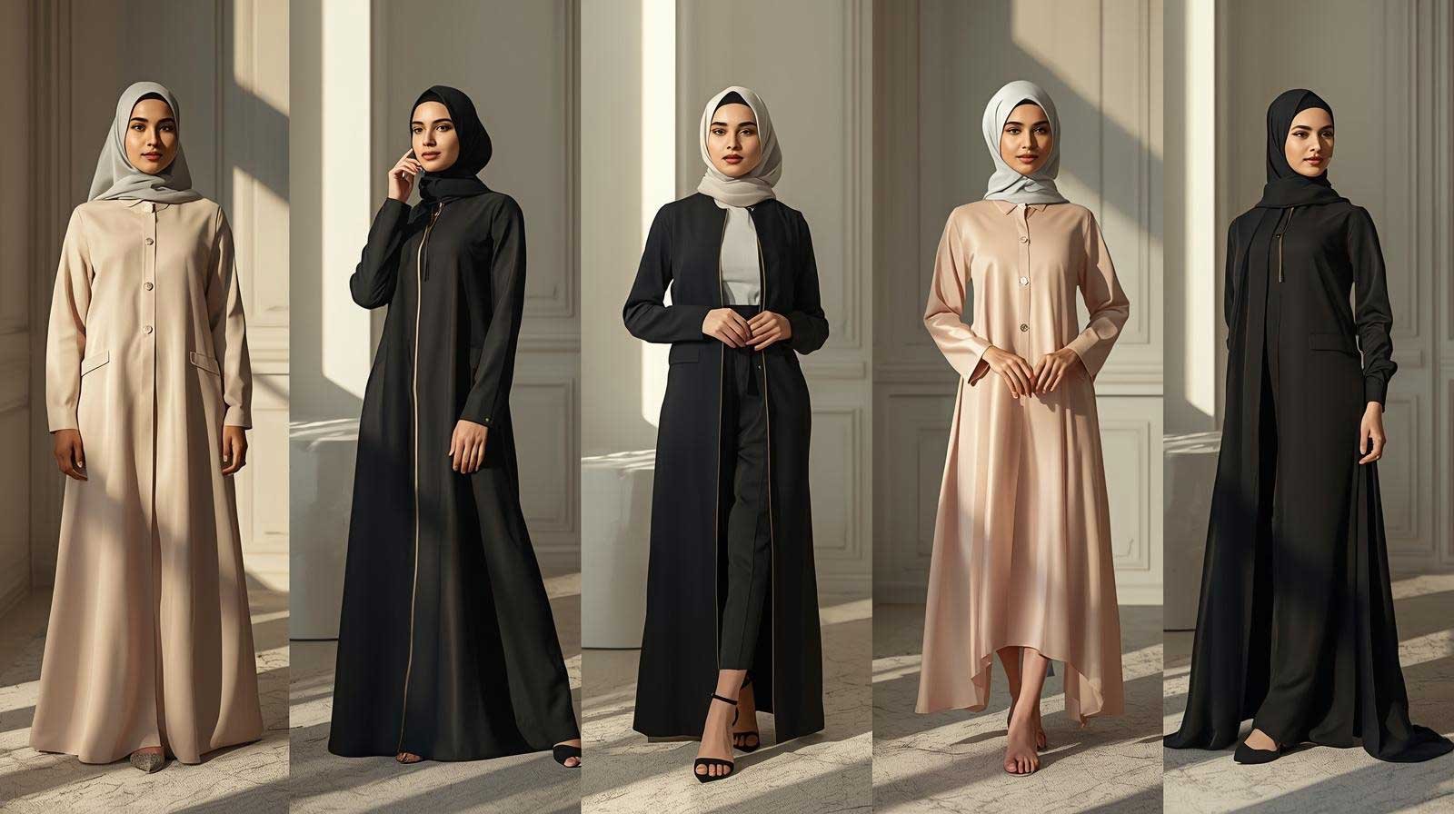 A high-quality collage showcasing 6 different Abaya styles: Traditional Closed, Open Front, Zipped, A-line, Butterfly/Farasha, and Kaftan, all custom-stitched by ZEEFAH Clothing & Tailoring.