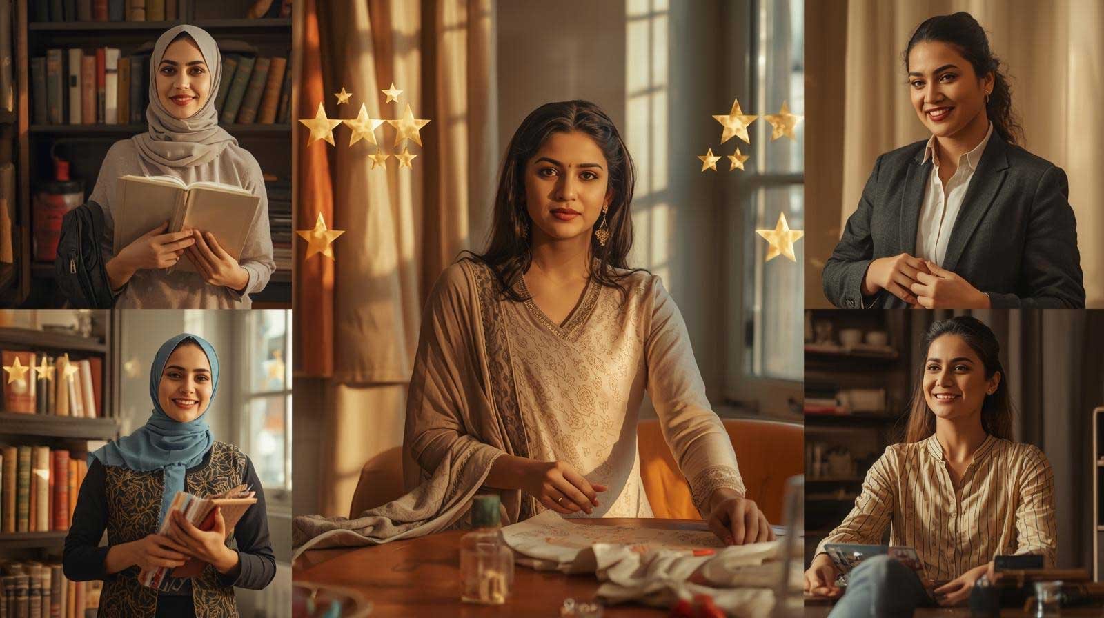 Diverse Pakistani women being empowered through tailoring and design by Farah Azim at ZEEFAH Clothing & Tailoring.