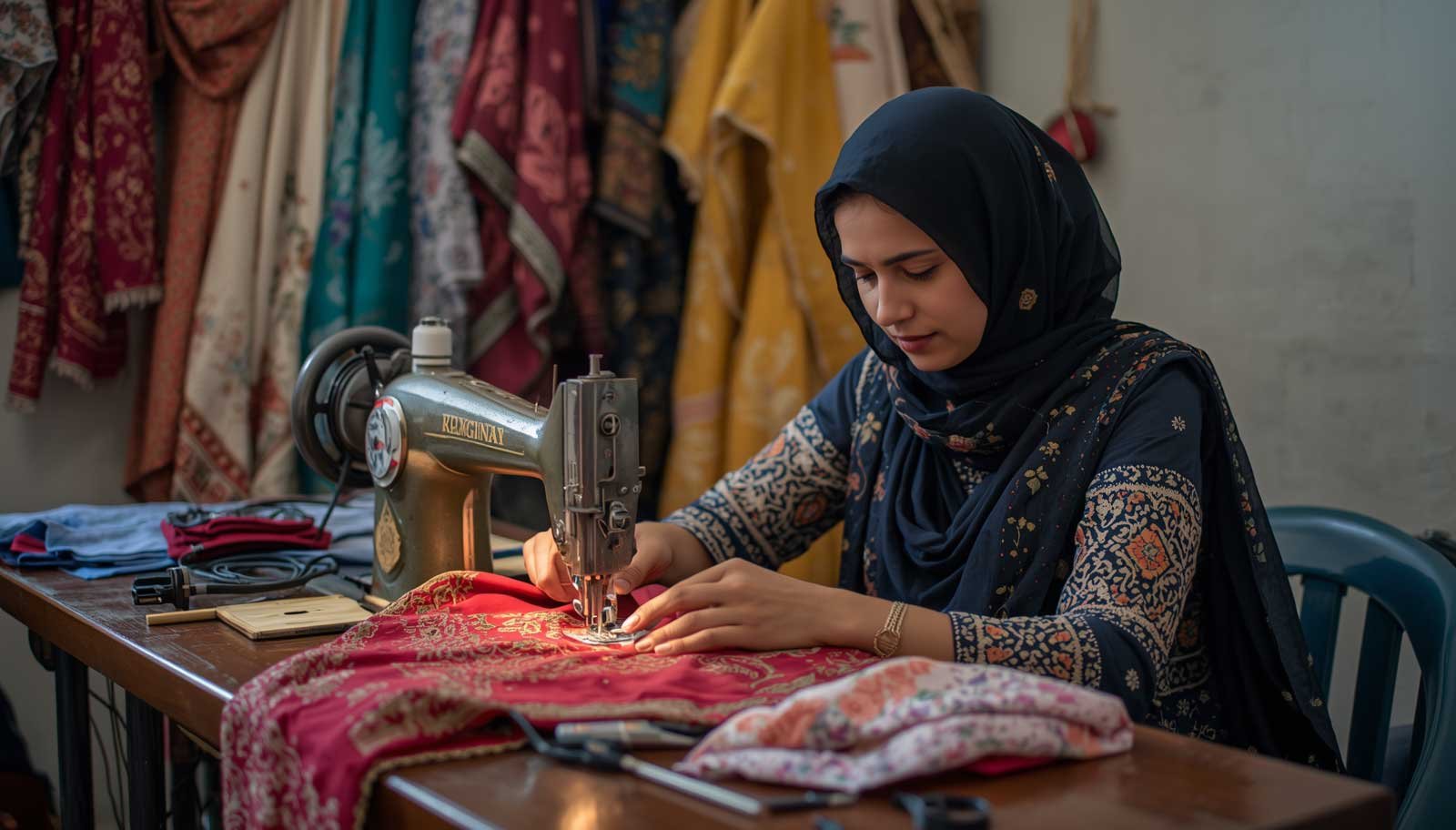 Skilled Pakistani tailor working on sewing machine on Labour Day