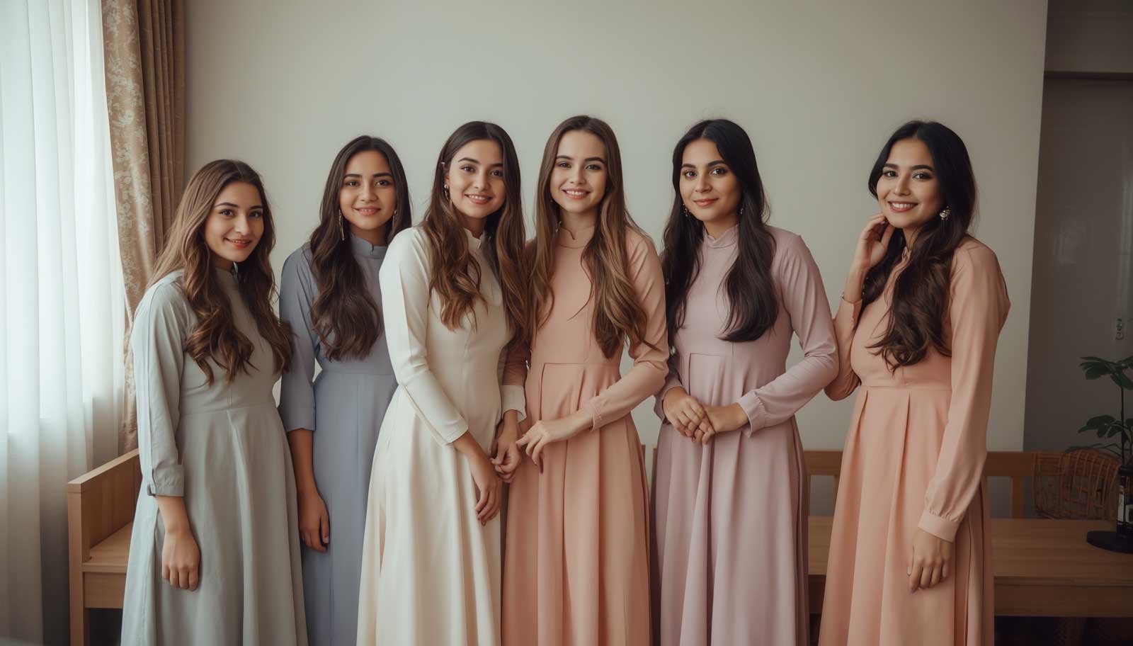 Hostel girls wearing matching party dresses stitched by ZEEFAH in Islamabad