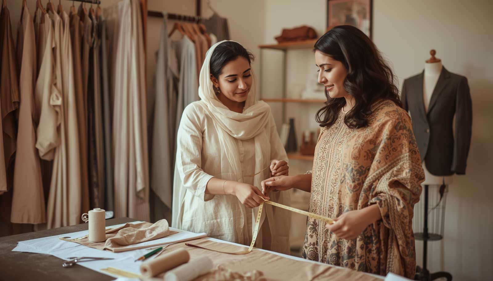 A professional ladies tailor in Islamabad taking measurements of a client at Zeefah Clothing & Tailoring studio