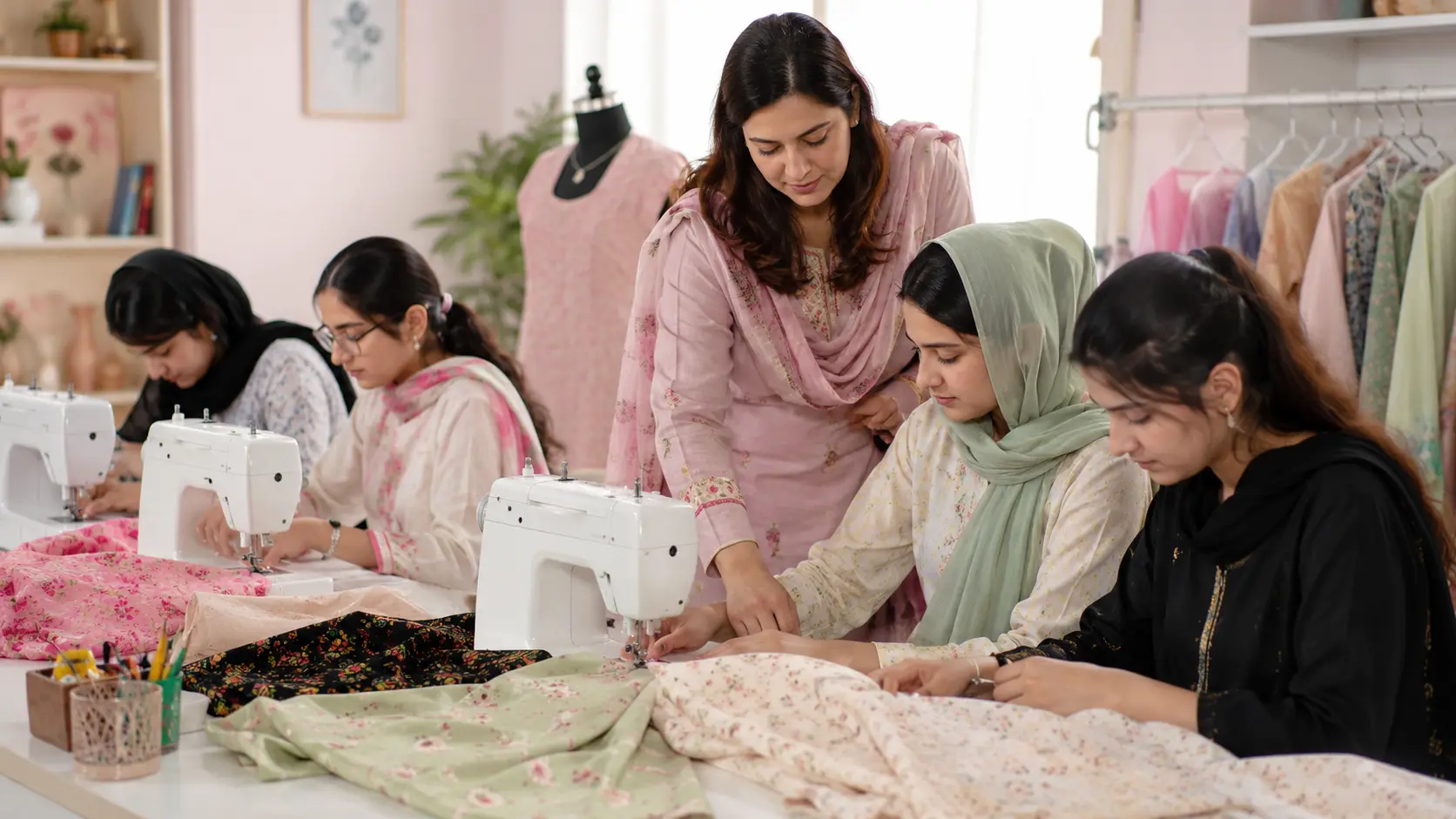 Girls learning stitching skills in ZEEFAH summer stitching classes in Islamabad
