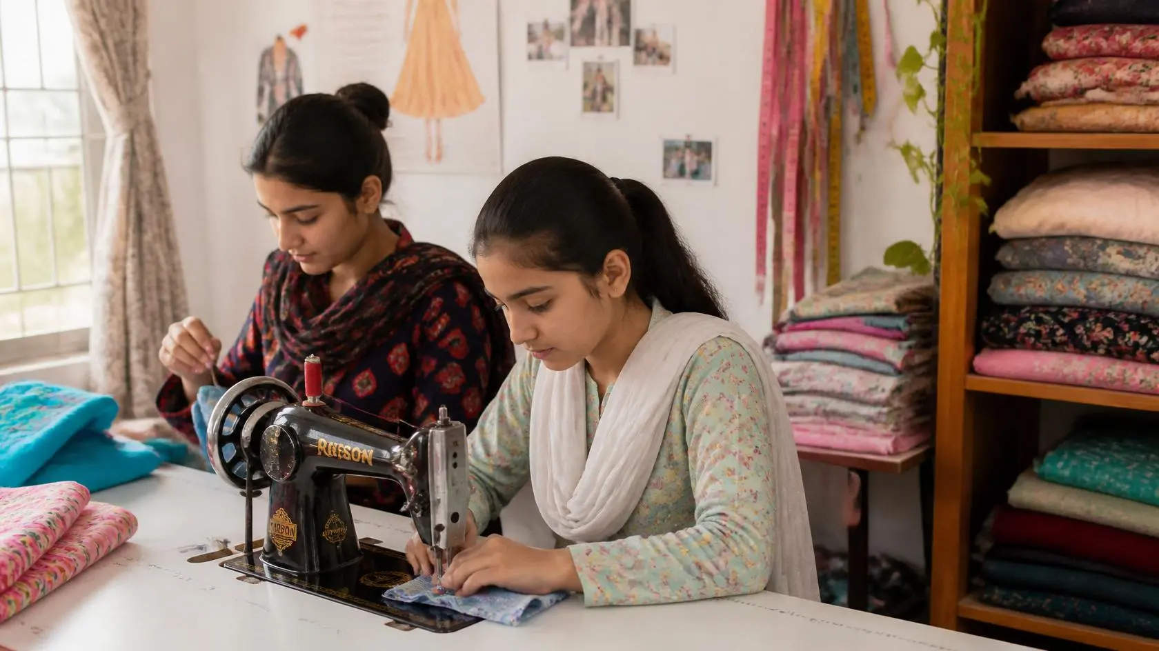 Pakistani girl learning tailoring and stitching skills during summer vacations.