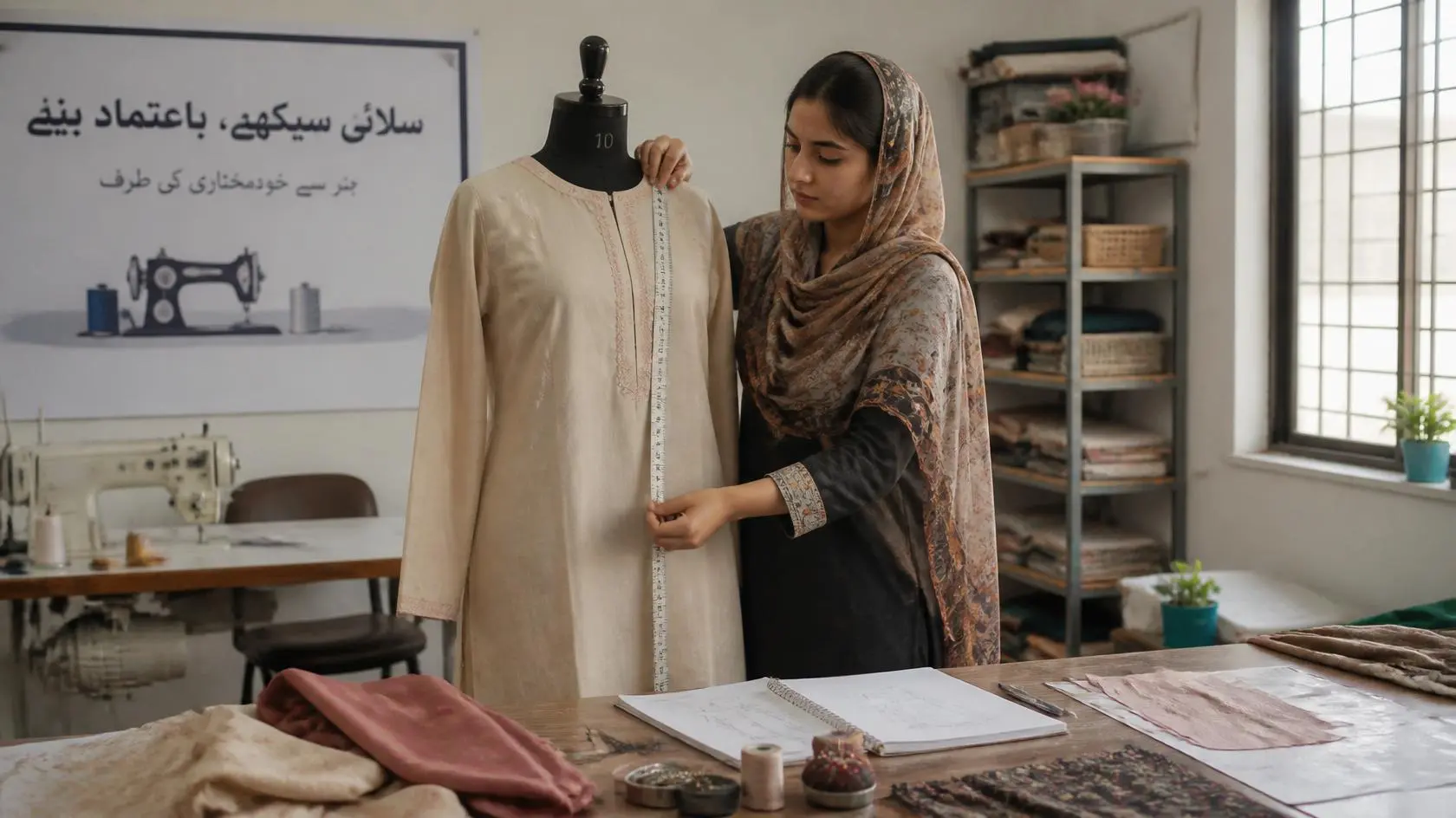 Pakistani woman learning clothing fitting and alteration skills in a tailoring workspace.