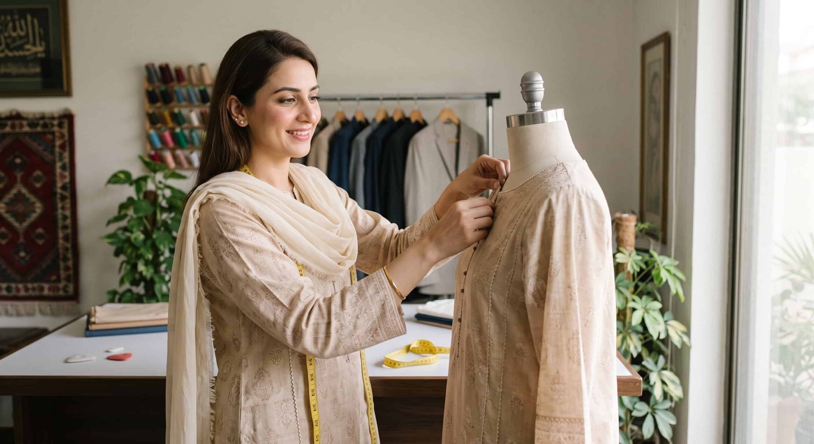 Pakistani woman wearing a modest kameez demonstrating proper neckline and armhole fitting