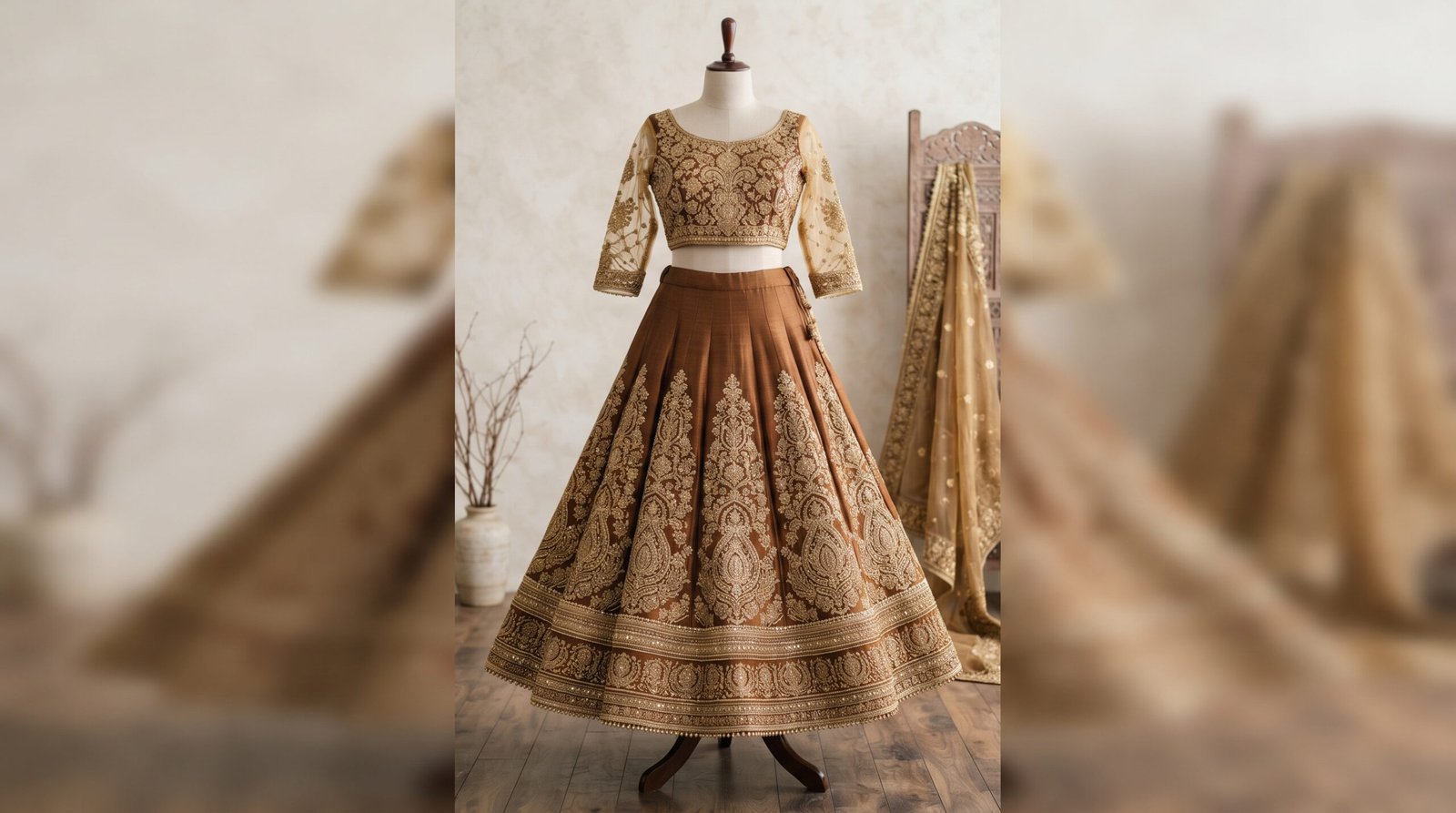 Brown Golden Embroidered Lehenga Design | ZEEFAH
