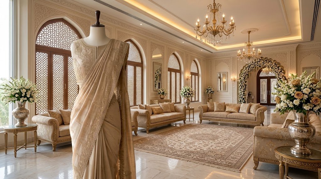 Elegant saree with an embroidered blouse and traditional formal styling by ZEEFAH Clothing and Tailoring